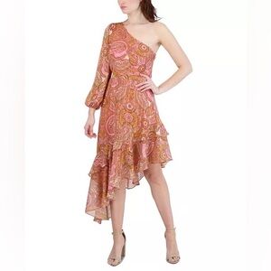 BCBGeneration Paisley One-Shoulder Dress Cut Out Asymmetrical Pink Orange Dress